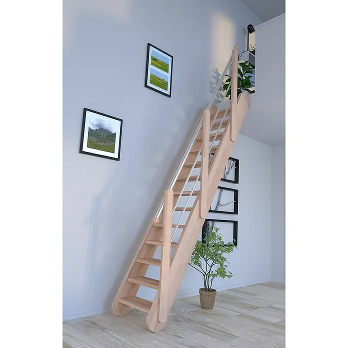 Starwood Raumspartreppe Samos - Breite: 68 cm, Buche, Geschosshöhe: 250 cm - 285 cm, Gerade, Montageseite Geländer: Wahlweise links/rechts, Geländer Holz/Edelstahl Silber, Vollstufen - Raumansicht einer Holztreppe mit Edelstahlgeländer, die an einer Wand mit Landschaftsbildern angebracht ist.