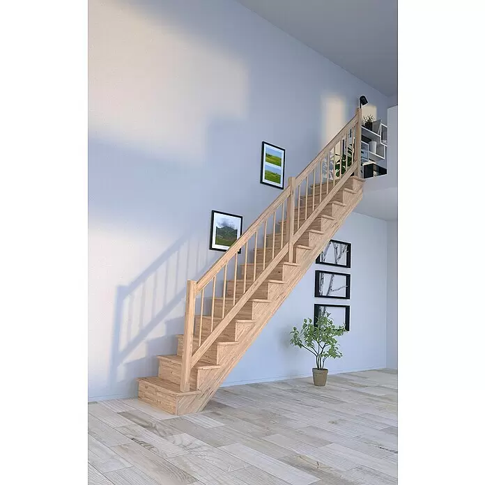 Starwood Raumspartreppe LindosBreite: 100 cm, Eiche, Geschosshöhe: 300 cm, Gerade, Montageseite Geländer: Wahlweise links/rechts, Designgeländer Holz/Holz, Mit Setzstufen