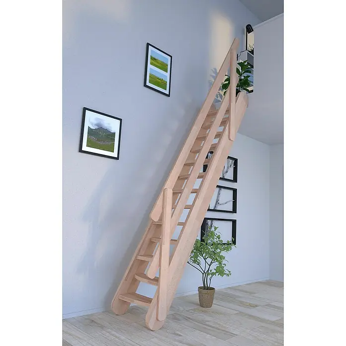 Starwood Raumspartreppe Samos - Breite: 62 cm, Buche, Geschosshöhe: 250 cm - 285 cm, Gerade, Montageseite Geländer: Wahlweise links/rechts, Geländer Holz, Stufen wechselseitig - Eine helle Holztreppe mit Geländer, die in einem modernen Raum an einer Wand mit Bildern lehnt, bietet einen stilvollen Zugang.