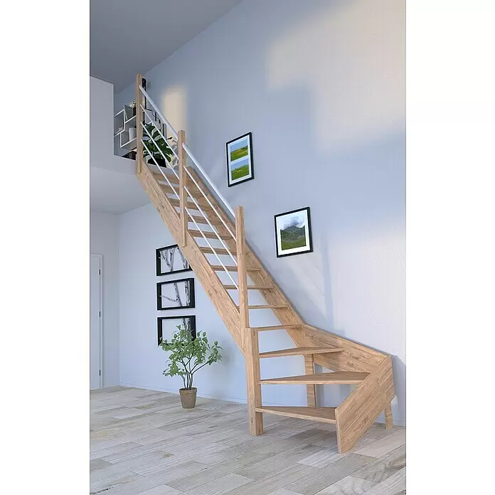 Starwood Raumspartreppe RhodosBreite: 80 cm, Eiche, Geschosshöhe: 300 cm, 1/4-gewendelt links, Montageseite Geländer: Links, Geländer Holz/Edelstahl weiß, Ohne Setzstufen