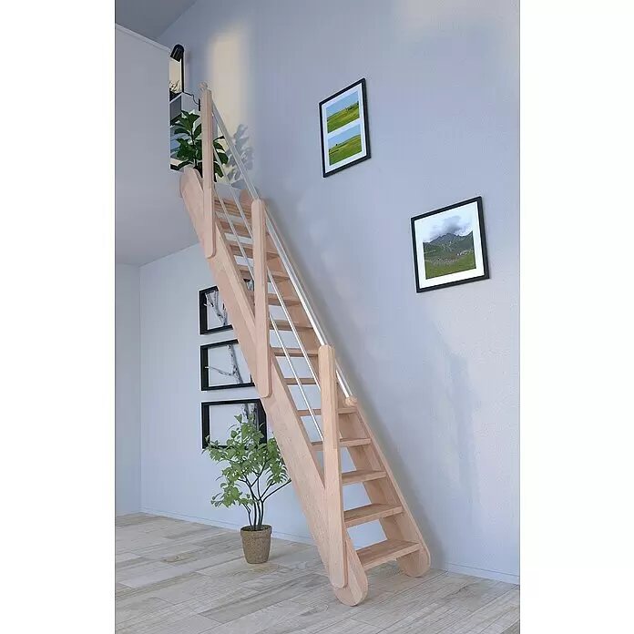 Starwood Raumspartreppe Samos - Breite: 68 cm, Buche, Geschosshöhe: 250 cm - 285 cm, Gerade, Montageseite Geländer: Wahlweise links/rechts, Geländer Holz/Edelstahl Silber, Vollstufen - Raumspartreppe aus hellem Holz mit Metallgeländer, verbindet zwei Ebenen in einem modernen Interieur.