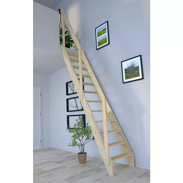 Starwood Raumspartreppe Fichte 2000 - Breite: 60 cm, Fichte, Holzgeländer eine Querleiste, Geschosshöhe: 279,5 cm - Helle Holz-Raumspartreppe, die Zugang zu einer oberen Ebene ermöglicht.