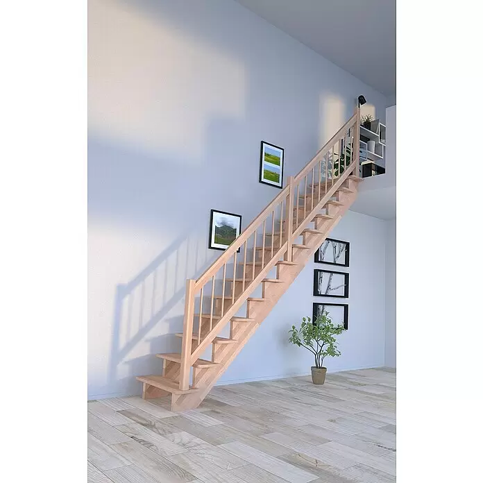 Starwood Raumspartreppe Lindos - Breite: 100 cm, Buche, Geschosshöhe: 300 cm, Gerade, Montageseite Geländer: Wahlweise links/rechts, Designgeländer Holz/Holz, Ohne Setzstufen - Helle Holztreppe mit Geländer in modernem Raum, verbindet zwei Etagen.