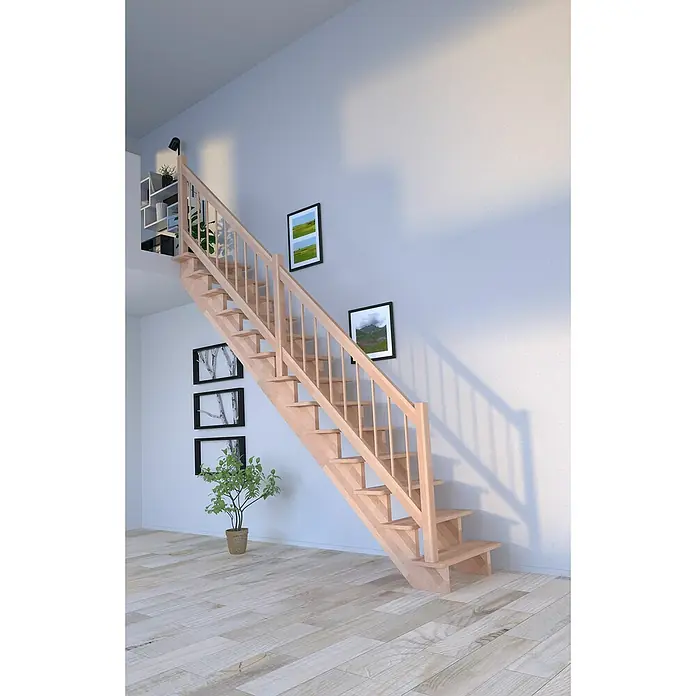 Starwood Raumspartreppe Lindos - Breite: 100 cm, Buche, Geschosshöhe: 300 cm, Gerade, Montageseite Geländer: Wahlweise links/rechts, Designgeländer Holz/Holz, Ohne Setzstufen - Moderne Holztreppe mit Geländer, die zu einem erhöhten Bereich führt. Die Treppe ist hell und passt gut zu den hellen Wänden und dem Boden.