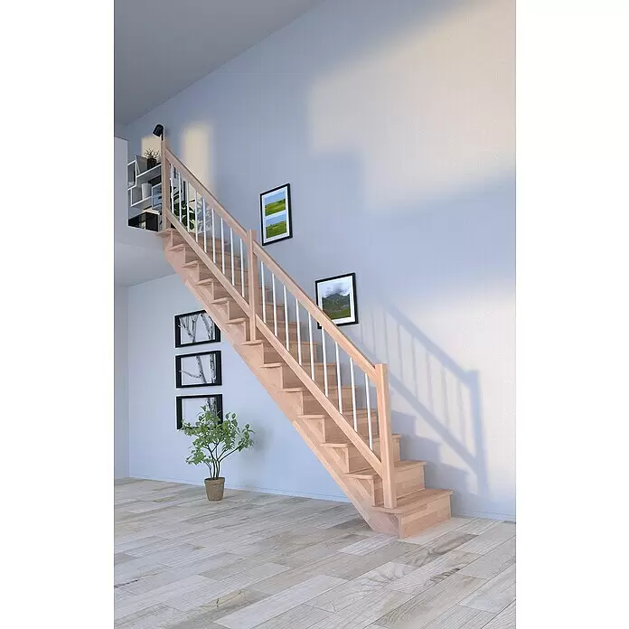 Starwood Raumspartreppe Lindos - Breite: 80 cm, Buche, Geschosshöhe: 300 cm, Gerade, Montageseite Geländer: Wahlweise links/rechts, Geländer Holz/Edelstahl weiß, Mit Setzstufen - Eine helle Holztreppe mit weißen Balustern und Handlauf in einem modernen Interieur mit hellen Holzböden und weißen Wänden.