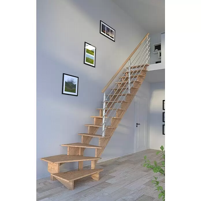 Starwood Raumspartreppe Lindos - Breite: 100 cm, Eiche, Geschosshöhe: 300 cm, 1/4-gewendelt rechts, Montageseite Geländer: Wahlweise links/rechts, Designgeländer Edelstahl, Ohne Setzstufen - Stimmungsaufnahme