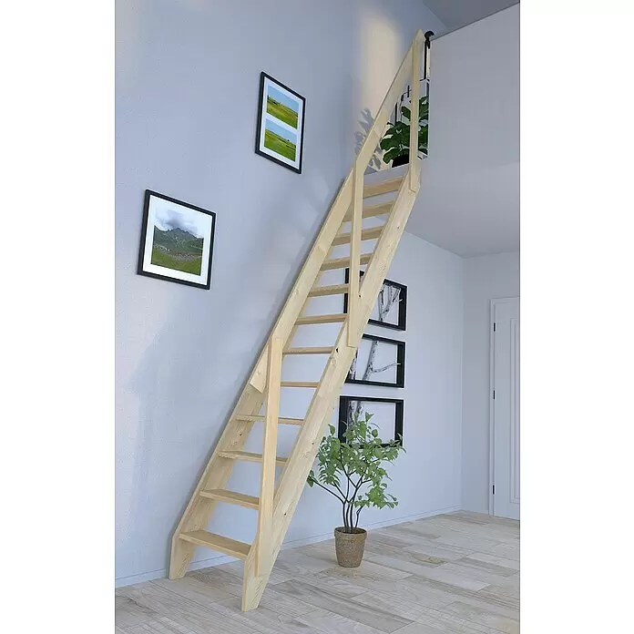 Starwood Raumspartreppe Fichte 2000 - Breite: 60 cm, Fichte, Holzgeländer eine Querleiste, Geschosshöhe: 279,5 cm - Eine helle Holz-Raumspartreppe mit Geländern, für kleine Räume, die nach oben zu einer oberen Etage führt.