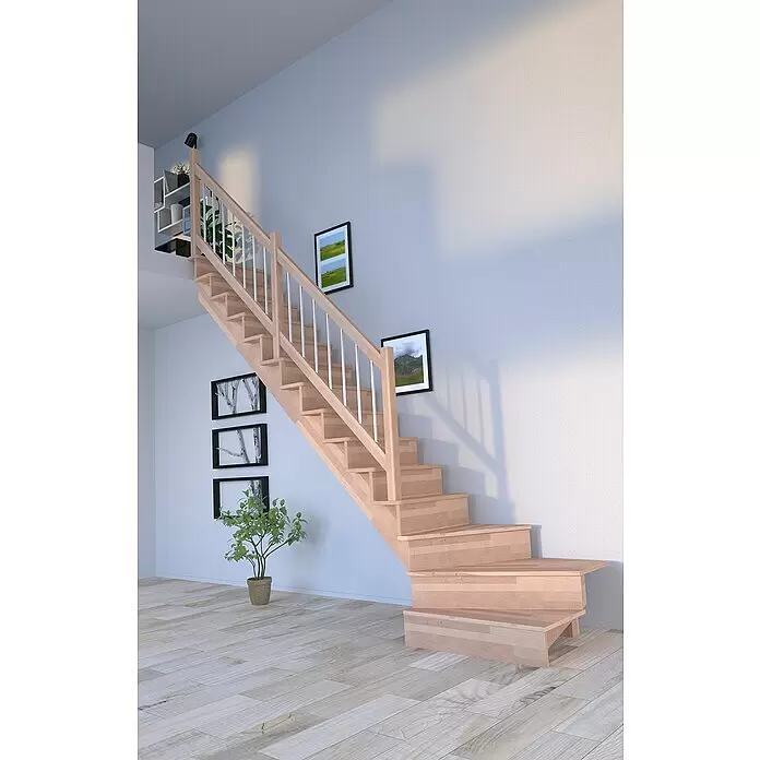 Starwood Raumspartreppe Lindos - Breite: 80 cm, Buche, Geschosshöhe: 300 cm, 1/4-gewendelt links, Montageseite Geländer: Wahlweise links/rechts, Geländer Holz/Edelstahl, Mit Setzstufen - Helle Holztreppe mit Metallstäben und Viertelpodest, in modernem Interieur integriert.