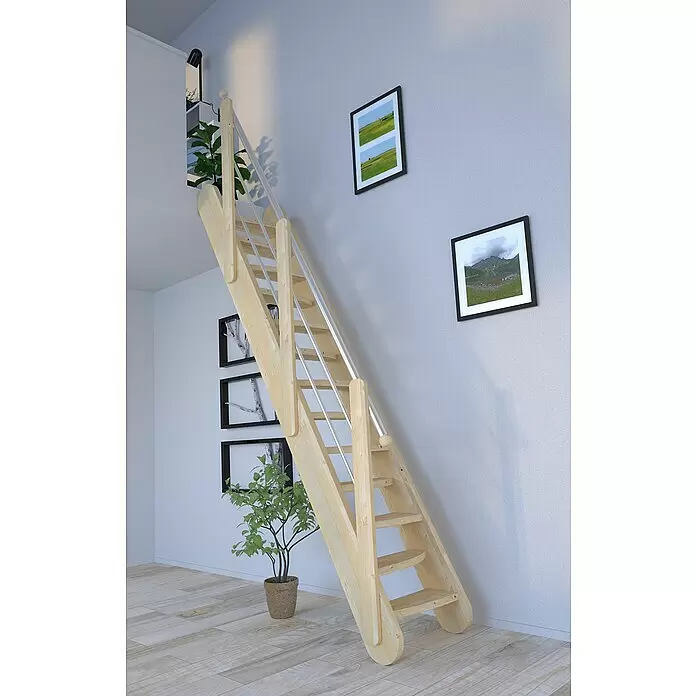 Starwood Raumspartreppe Samos - Breite: 63 cm, Fichte, Geschosshöhe: 250 cm - 285 cm, Gerade, Montageseite Geländer: Wahlweise links/rechts, Geländer Holz/Edelstahl Silber, Stufen wechselseitig - Helle Holz-Spartreppe mit silbernen Metallgeländern, eine platzsparende Lösung zur Verbindung zweier Ebenen.