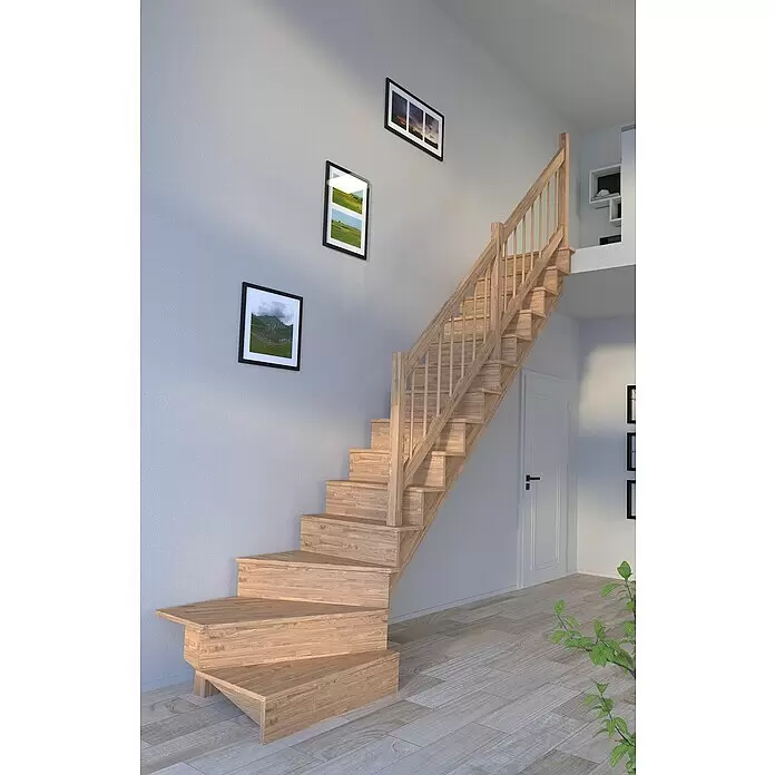 Starwood Raumspartreppe Lindos - Breite: 100 cm, Eiche, Geschosshöhe: 300 cm, 1/4-gewendelt rechts, Montageseite Geländer: Wahlweise links/rechts, Designgeländer Holz/Holz, Mit Setzstufen - Helle Holztreppe mit gewendelten Stufen, integriert in ein helles Interieur mit hellen Wänden und Boden.