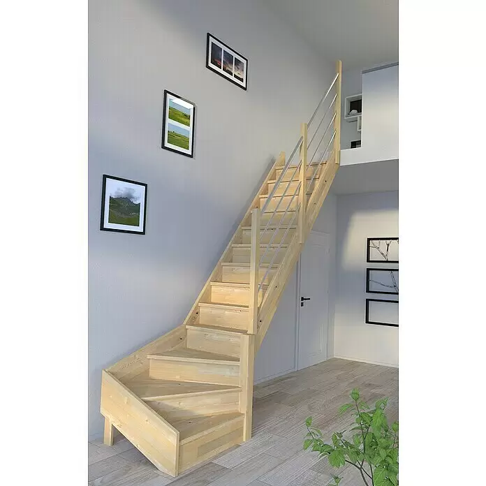 Starwood Raumspartreppe Korfu - Breite: 80 cm, Fichte, Geschosshöhe: 300 cm, 1/4-gewendelt rechts, Montageseite Geländer: Rechts, Geländer Holz/Edelstahl, Mit Setzstufen - Helle Holztreppe mit Viertelwendelung und modernen silbernen Geländerstäben, in hellem Raum installiert.