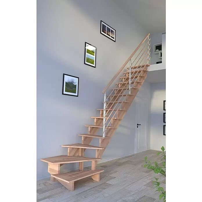 Starwood Raumspartreppe Lindos - Breite: 100 cm, Buche, Geschosshöhe: 300 cm, 1/4-gewendelt rechts, Montageseite Geländer: Wahlweise links/rechts, Designgeländer Holzrundstäbe, Ohne Setzstufen - Stimmungsaufnahme