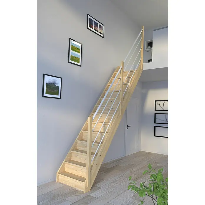Starwood Raumspartreppe Korfu - Breite: 80 cm, Fichte, Geschosshöhe: 300 cm, Gerade, Montageseite Geländer: Rechts, Geländer Holz/Edelstahl weiß, Mit Setzstufen - Holztreppe mit weißen Geländern in einem modernen Interieur. Natürliches Design und helle Akzente für ein freundliches Wohnambiente.