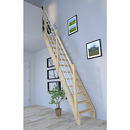 Starwood Raumspartreppe Fichte 3000 (Breite: 61 cm, Fichte, Material Handlauf: Edelstahl, Weiß, Montageseite Geländer: Links, Geschosshöhe: 279,5 cm)
