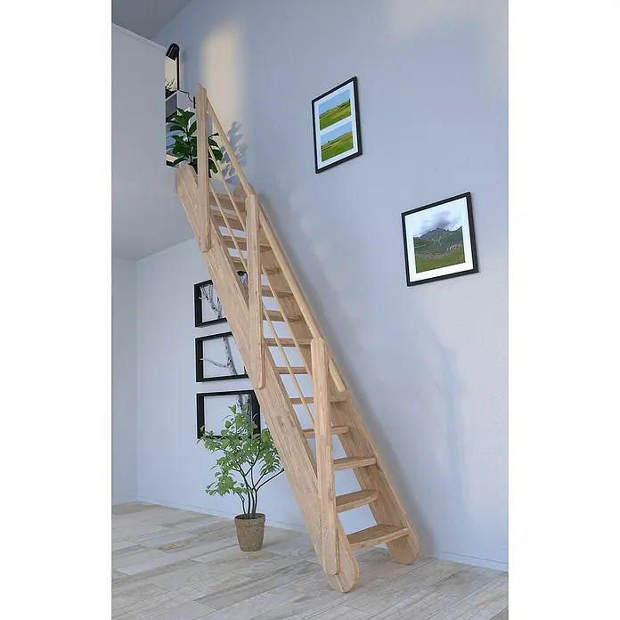 Starwood Raumspartreppe Samos - Breite: 62 cm, Eiche, Geschosshöhe: 250 cm - 285 cm, Gerade, Montageseite Geländer: Wahlweise links/rechts, Designgeländer Holz/Holz, Stufen wechselseitig - Die helle Holztreppe ist eine stilvolle Ergänzung für jedes Interieur und führt elegant in die obere Etage. Sie verbindet Funktionalität mit Ästhetik.