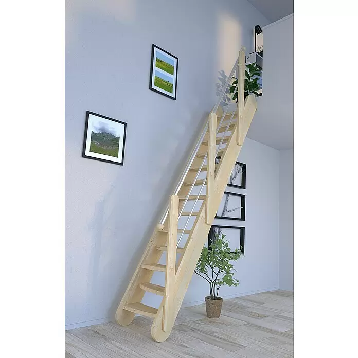 Starwood Raumspartreppe Samos - Breite: 63 cm, Fichte, Geschosshöhe: 250 cm - 285 cm, Gerade, Montageseite Geländer: Wahlweise links/rechts, Geländer Holz/Edelstahl Silber, Stufen wechselseitig - Moderne Dachbodentreppe aus hellem Holz mit eleganten Metallhandläufen, für effizienten Zugang zum Obergeschoss.