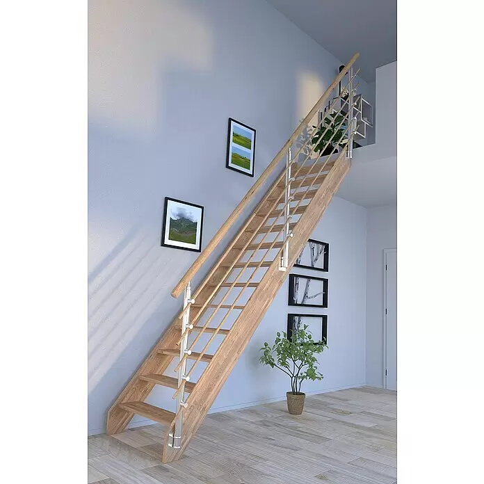 Starwood Raumspartreppe Rhodos - Breite: 84 cm, Eiche, Geschosshöhe: 300 cm, Gerade, Montageseite Geländer: Wahlweise links/rechts, Designgeländer Holzrundstäbe, Ohne Setzstufen - Moderne helle Holztreppe mit elegantem Metall- und Holzgeländer, integriert in ein zeitgenössisches Wohnambiente.