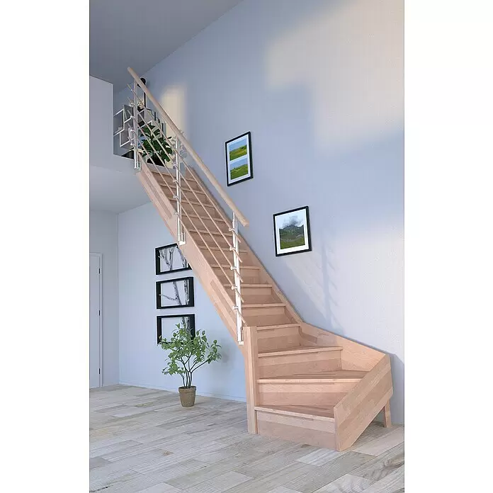 Starwood Raumspartreppe Rhodos - Breite: 84 cm, Buche, Geschosshöhe: 300 cm, 1/4-gewendelt links, Montageseite Geländer: Wahlweise links/rechts, Designgeländer Holzrundstäbe, Mit Setzstufen - Helle Holztreppe mit Holzstufen, Handlauf und Metallstäben, die zwei Ebenen in einem modernen Interieur verbindet.