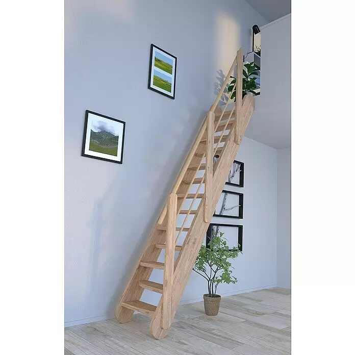 Starwood Raumspartreppe Samos - Breite: 62 cm, Eiche, Geschosshöhe: 250 cm - 285 cm, Gerade, Montageseite Geländer: Wahlweise links/rechts, Designgeländer Holz/Holz, Stufen wechselseitig - Helle Holz-Spartreppe mit Handläufen, die in einem modernen Raum in ein Obergeschoss führt.