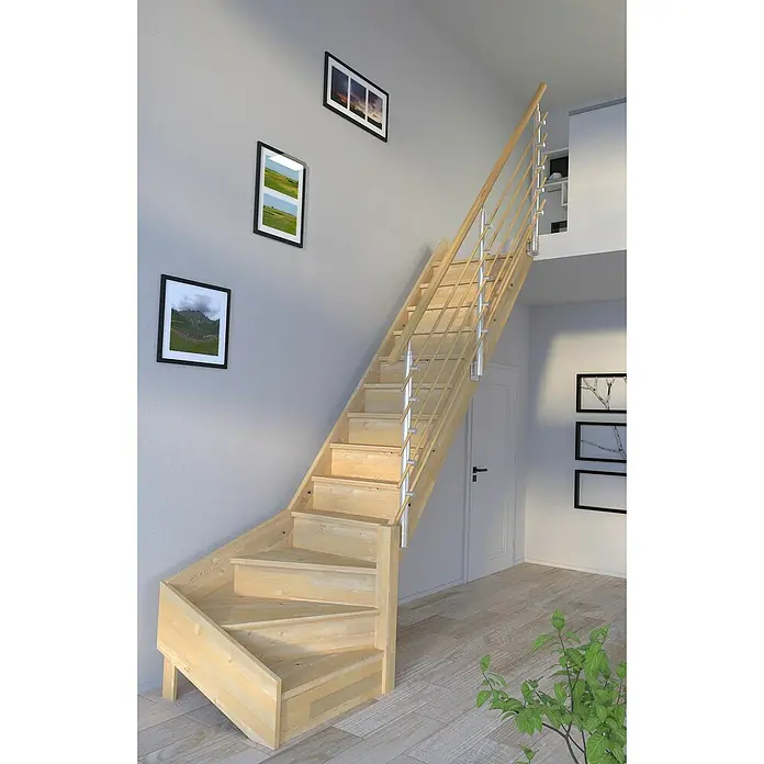 Starwood Raumspartreppe Korfu - Breite: 84 cm, Fichte, Geschosshöhe: 300 cm, 1/4-gewendelt rechts, Montageseite Geländer: Wahlweise links/rechts, Designgeländer Holzrundstäbe, Mit Setzstufen - Holztreppe mit Stahlgeländer vor einer grauen Wand mit Bildern.