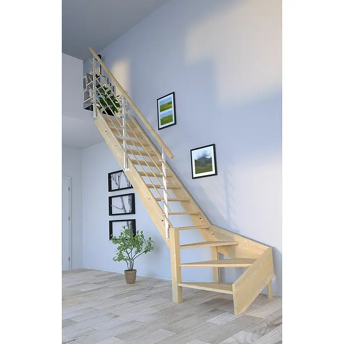 Starwood Raumspartreppe Korfu - Breite: 84 cm, Fichte, Geschosshöhe: 300 cm, 1/4-gewendelt links, Montageseite Geländer: Wahlweise links/rechts, Designgeländer Holzrundstäbe, Ohne Setzstufen - Eine Holztreppe mit Edelstahlgeländer und hellen Holzstufen fügt sich nahtlos in ein modernes Interieur ein. Die Treppe ist ein echter Hingucker.