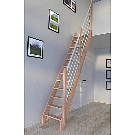 Starwood Raumspartreppe Buche 3000 (Breite: 60 cm, Buche, Material Handlauf: Edelstahl, Weiß, Montageseite Geländer: Rechts, Geschosshöhe: 279,5 cm)
