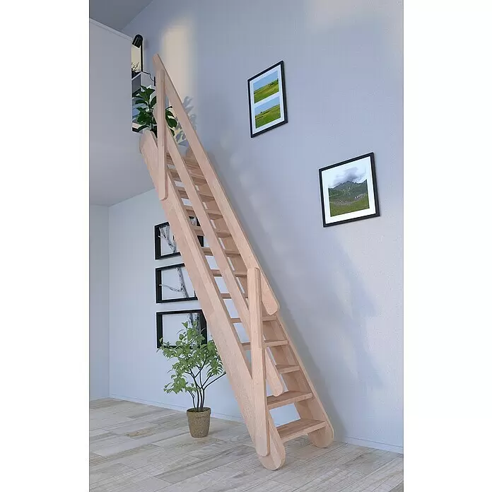 Starwood Raumspartreppe Samos - Breite: 67 cm, Buche, Geschosshöhe: 250 cm - 285 cm, Gerade, Montageseite Geländer: Wahlweise links/rechts, Geländer Holz, Vollstufen - Steile, helle Holz-Dachbodenleiter mit Handläufen, die in einem modernen Raum zu einer oberen Ebene führt.