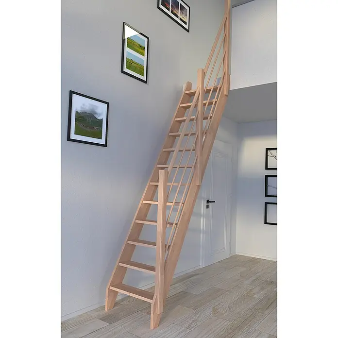 Starwood Raumspartreppe Buche 3000 - Breite: 60 cm, Buche, Material Handlauf: Holz, Natur, Montageseite Geländer: Rechts, Geschosshöhe: 279,5 cm - Eine platzsparende Holztreppe mit Geländer, ideal für kleine Räume, fügt sich nahtlos in das moderne Interieur ein und bietet Funktionalität.