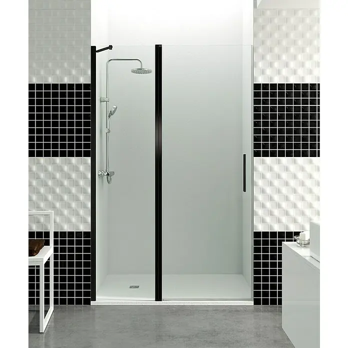 GME Mampara de ducha frontal Open Combi C - 90 x 195 cm, Vidrio transparente, Negro, An x Al: 90 (40/50) x 195 cm - Cabina de ducha con marco negro y paneles de vidrio, que complementa un diseño moderno de baño. Solución elegante para una ducha con estilo.