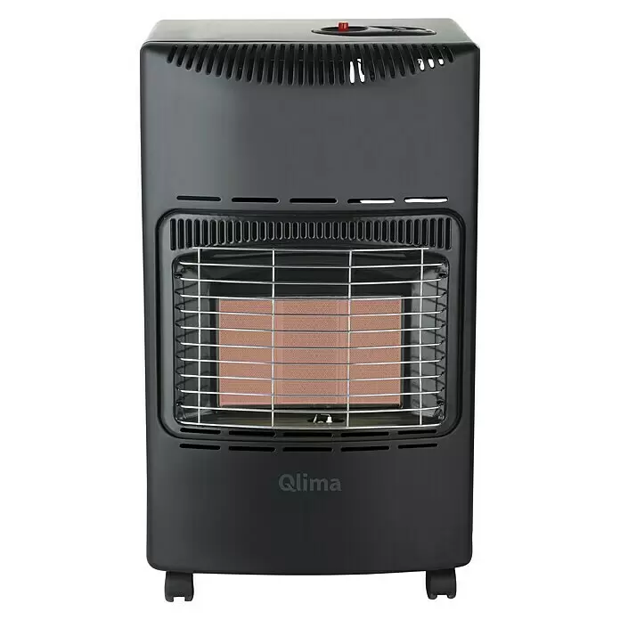 Qlima Estufa de gas infrarrojos GH 1142 R - 4,2 kW, Negro - Calentador de gas Qlima negro con elemento calefactor visible detrás de una rejilla metálica y ruedas pequeñas.