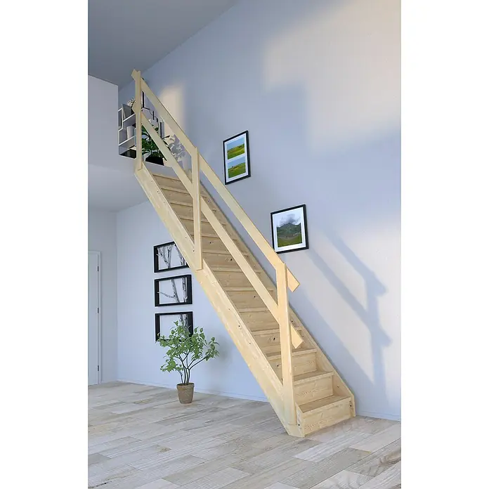 Starwood Raumspartreppe Korfu - Breite: 79 cm, Fichte, Geschosshöhe: 300 cm, Gerade, Montageseite Geländer: Wahlweise links/rechts, Geländer Holz, Mit Setzstufen - Helle Holztreppe mit Geländer in modernem Raum. Die Treppe führt nach oben und ist von Bildern und Pflanzen umgeben. Schönes Design.