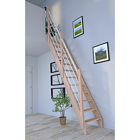 Starwood Raumspartreppe Buche 3000 (Breite: 60 cm, Buche, Material Handlauf: Edelstahl, Weiß, Montageseite Geländer: Links, Geschosshöhe: 279,5 cm)