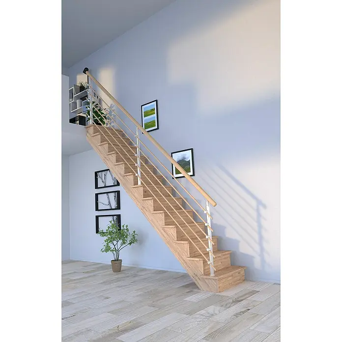 Starwood Raumspartreppe Lindos - Breite: 80 cm, Eiche, Geschosshöhe: 300 cm, Gerade, Montageseite Geländer: Wahlweise links/rechts, Designgeländer Holzrundstäbe, Mit Setzstufen - Helle Holztreppe mit silbernen Geländern und natürlichem Holzgeländer, die Eleganz und modernes Design im Haus vereint.