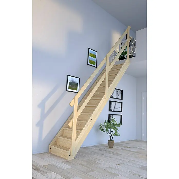 Starwood Raumspartreppe Korfu - Breite: 79 cm, Fichte, Geschosshöhe: 300 cm, Gerade, Montageseite Geländer: Wahlweise links/rechts, Geländer Holz, Mit Setzstufen - Holztreppe mit Geländer führt nach oben. Das helle Holz fügt sich in das moderne Interieur ein und verbindet zwei Etagen auf stilvolle Weise.