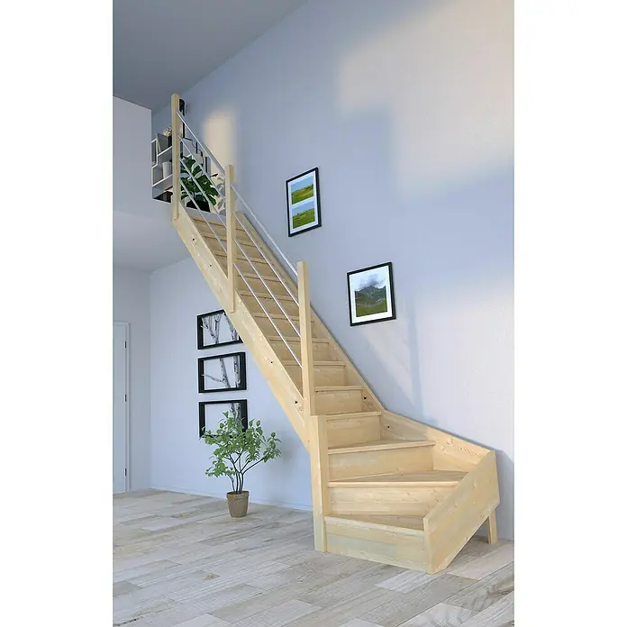 Starwood Raumspartreppe KorfuBreite: 80 cm, Fichte, Geschosshöhe: 300 cm, 1/4-gewendelt links, Montageseite Geländer: Links, Geländer Holz/Edelstahl, Mit Setzstufen - Eine helle Holztreppe mit silbernen Geländerstäben führt zu einer Galerie, beleuchtet von zwei gerahmten Landschaftsbildern.