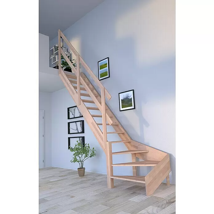 Starwood Raumspartreppe Rhodos - Breite: 79 cm, Buche, Geschosshöhe: 300 cm, 1/4-gewendelt links, Montageseite Geländer: Wahlweise links/rechts, Geländer Holz, Ohne Setzstufen - Stimmungsaufnahme