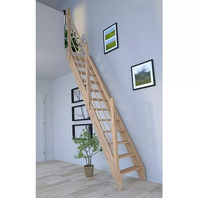 Starwood Raumspartreppe Eiche 3000 - Breite: 60 cm, Eiche, Material Handlauf: Holz, Natur, Montageseite Geländer: Links, Geschosshöhe: 279,5 cm - Platzsparende Dachbodentreppe aus Holz mit Handlauf, für kleine Räume konzipiert und zum Obergeschoss führend.