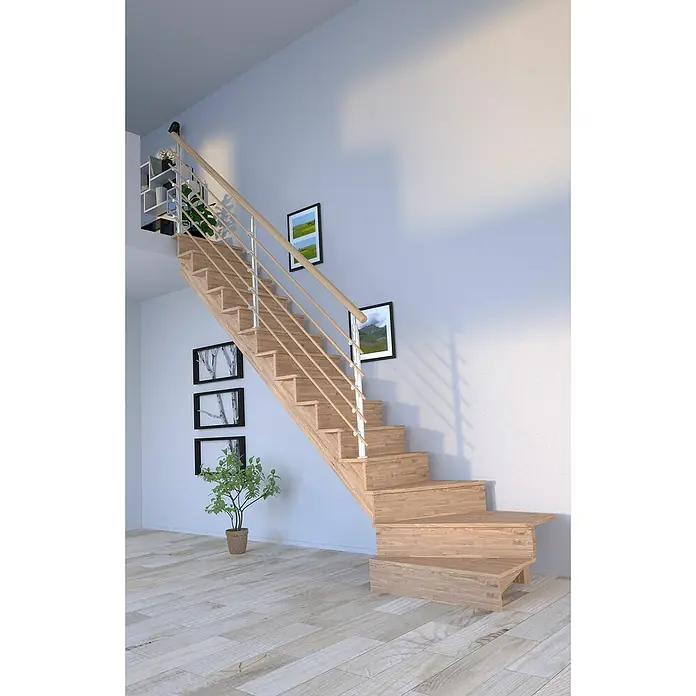 Starwood Raumspartreppe Lindos - Breite: 100 cm, Eiche, Geschosshöhe: 300 cm, 1/4-gewendelt links, Montageseite Geländer: Wahlweise links/rechts, Designgeländer Holzrundstäbe, Mit Setzstufen - Elegante Holztreppe mit modernem Geländerdesign. Passt perfekt in helle und zeitgenössische Wohnräume und bietet einen stilvollen Aufgang.