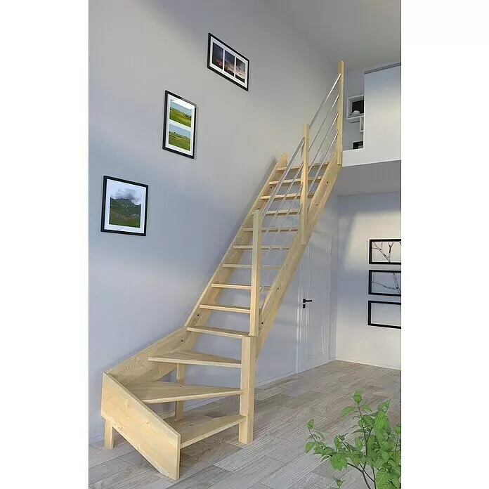 Starwood Raumspartreppe Korfu - Breite: 80 cm, Fichte, Geschosshöhe: 300 cm, 1/4-gewendelt rechts, Montageseite Geländer: Rechts, Geländer Holz/Edelstahl, Ohne Setzstufen - Kompakte Treppe aus hellem Holz mit Metallstangen-Geländer, ideal für Dachbodenausbauten.