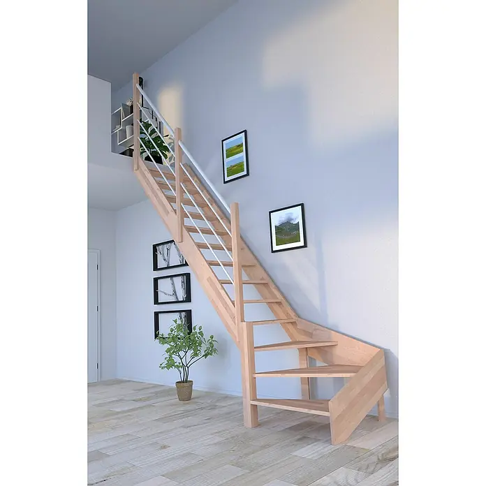Starwood Raumspartreppe Rhodos - Breite: 80 cm, Buche, Geschosshöhe: 300 cm, 1/4-gewendelt links, Montageseite Geländer: Links, Geländer Holz/Edelstahl weiß, Ohne Setzstufen - Die moderne Holztreppe mit weißem Geländer fügt sich nahtlos in den hellen Raum ein und bietet eine stilvolle Verbindung zwischen den Etagen.