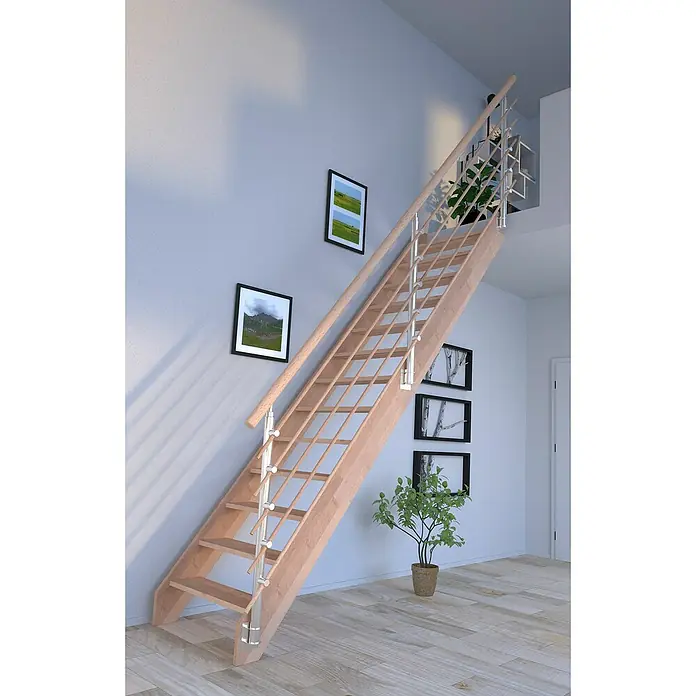Starwood Raumspartreppe Rhodos - Breite: 84 cm, Buche, Geschosshöhe: 300 cm, Gerade, Montageseite Geländer: Wahlweise links/rechts, Designgeländer Holzrundstäbe, Ohne Setzstufen - Eine moderne Holztreppe mit Edelstahlgeländer und zwei gerahmten Bildern an der Wand bietet einen stilvollen Aufgang im Wohnbereich.