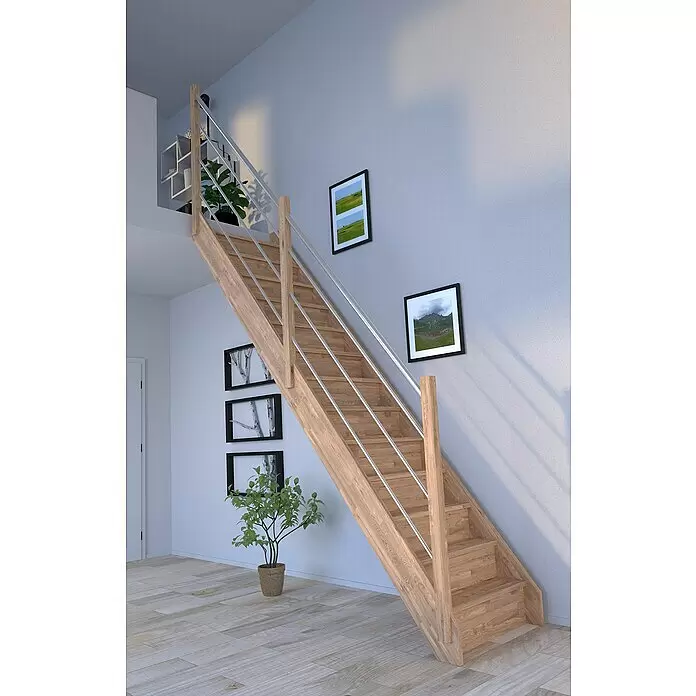 Starwood Raumspartreppe Rhodos - Breite: 80 cm, Eiche, Geschosshöhe: 300 cm, Gerade, Montageseite Geländer: Links, Geländer Holz/Edelstahl, Mit Setzstufen - Moderne helle Holztreppe mit eleganten silbernen Metallgeländern für den Innenbereich.