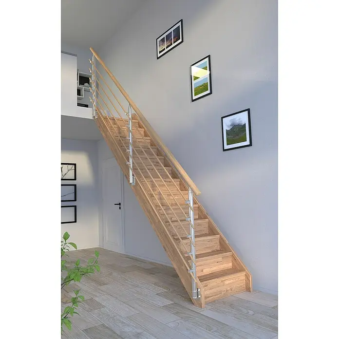 Starwood Raumspartreppe Mykonos - Breite: 85 cm, Eiche, Geschosshöhe: 280 cm, Gerade, Montageseite Geländer: Wahlweise links/rechts, Designgeländer Holzrundstäbe, Mit Setzstufen - Eine moderne Holztreppe mit Edelstahlgeländer fügt sich elegant in das helle Raumdesign ein und führt in die obere Etage. Die Treppe ist ein echter Hingucker.
