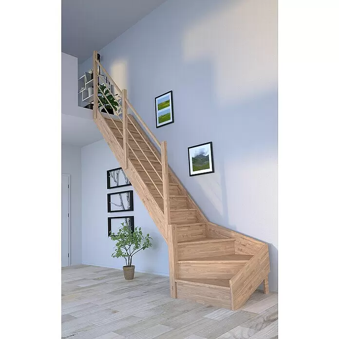 Starwood Raumspartreppe Rhodos - Breite: 80 cm, Eiche, Geschosshöhe: 300 cm, 1/4-gewendelt links, Montageseite Geländer: Links, Designgeländer Holz/Holz, Mit Setzstufen - Helle Holzinnentreppe mit Geländer und Stufen in einem modernen Wohnambiente.