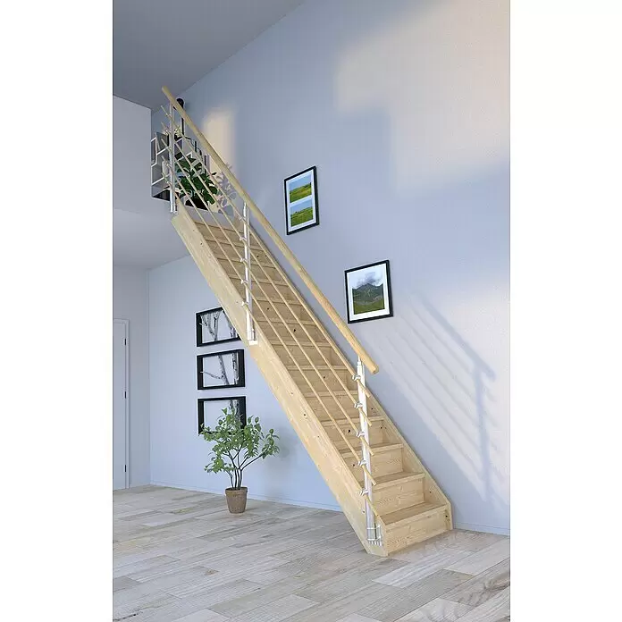Starwood Raumspartreppe Korfu - Breite: 84 cm, Fichte, Geschosshöhe: 300 cm, Gerade, Montageseite Geländer: Wahlweise links/rechts, Designgeländer Holzrundstäbe, Mit Setzstufen - Dachbodentreppe aus Naturholz mit modernem Metall- und Holzgeländer, führt in ein Obergeschoss in einem hellen Raum.