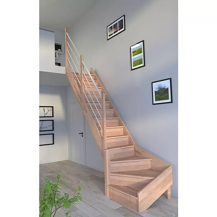 Starwood Raumspartreppe Rhodos - Breite: 80 cm, Buche, Geschosshöhe: 300 cm, 1/4-gewendelt links, Montageseite Geländer: Links, Geländer Holz/Edelstahl weiß, Mit Setzstufen - L-förmige Holztreppe aus hellem Holz mit weißen Metallgeländern, in ein modernes Interieur integriert.