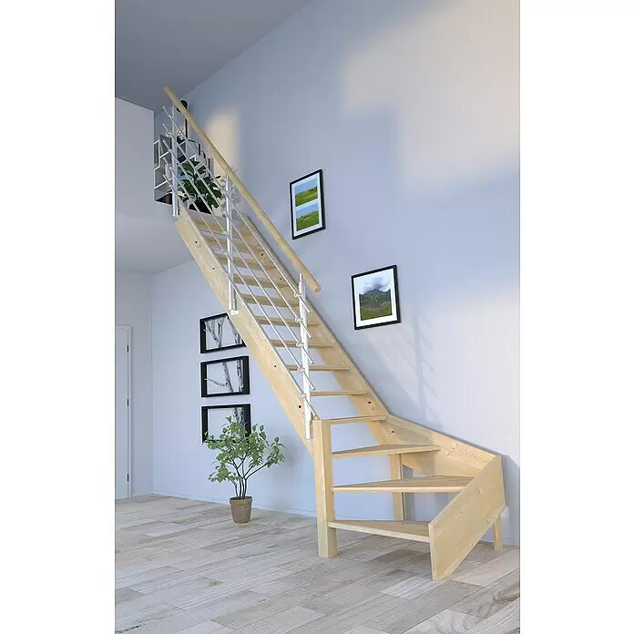 Starwood Raumspartreppe Korfu - Breite: 84 cm, Fichte, Geschosshöhe: 300 cm, 1/4-gewendelt links, Montageseite Geländer: Wahlweise links/rechts, Designgeländer Edelstahl, Ohne Setzstufen - Innentreppe aus hellem Naturholz mit silbernen Metallgeländern und Holzhandlauf.