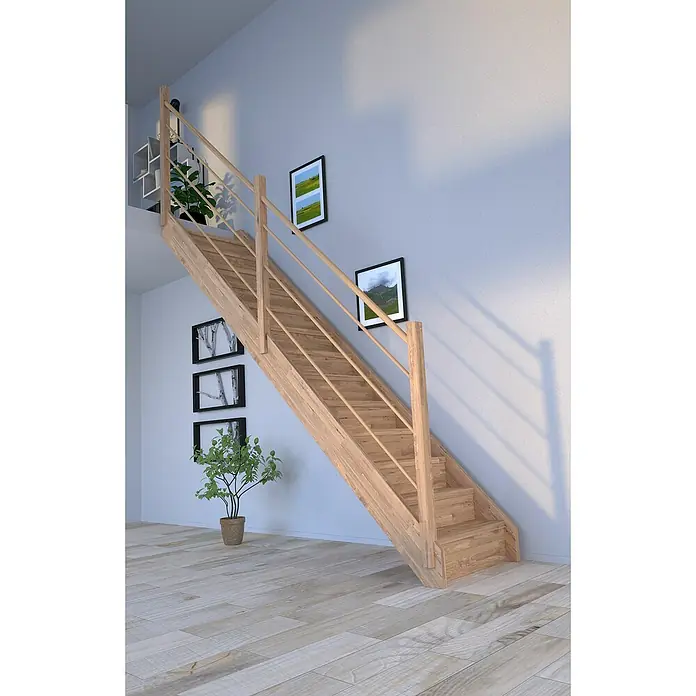 Starwood Raumspartreppe Mykonos - Breite: 81 cm, Eiche, Geschosshöhe: 280 cm, Gerade, Montageseite Geländer: Links, Designgeländer Holz/Holz, Mit Setzstufen - Eine helle Holztreppe mit Geländer in einem modernen Haus, flankiert von Zimmerpflanzen und Wandbildern. Das schlichte Design fügt sich nahtlos ein.
