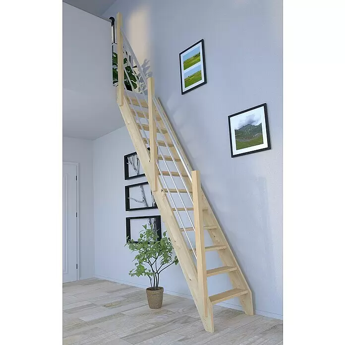 Starwood Raumspartreppe Fichte 3000 - Breite: 61 cm, Fichte, Material Handlauf: Edelstahl, Silber, Montageseite Geländer: Links, Geschosshöhe: 279,5 cm - Platzsparende Treppe aus hellem Holz mit silbernen Metallgeländern, ideal für Dachboden oder Galerie.