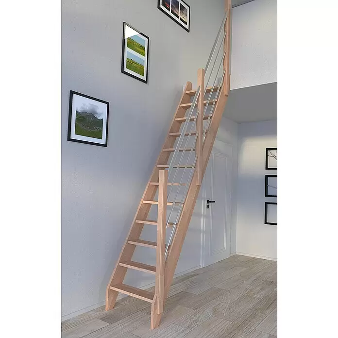 Starwood Raumspartreppe Buche 3000Breite: 60 cm, Buche, Material Handlauf: Edelstahl, Silber, Montageseite Geländer: Rechts, Geschosshöhe: 279,5 cm